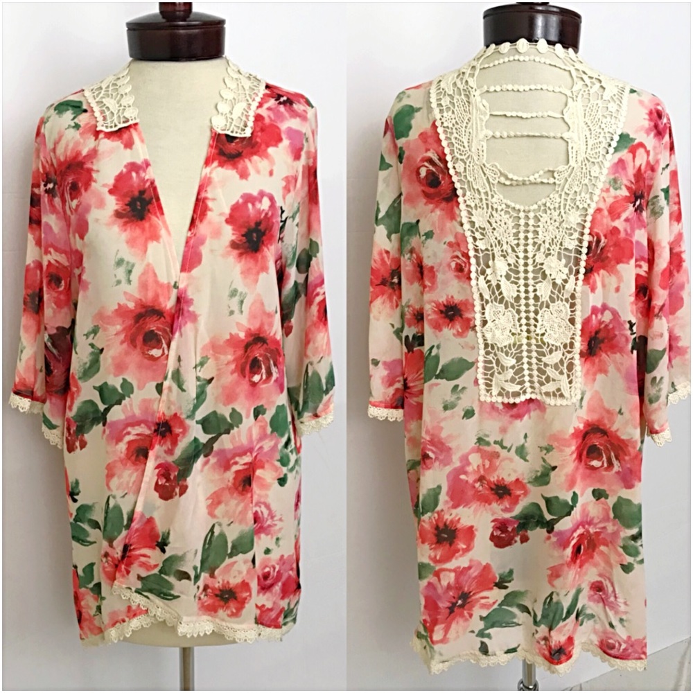 Stunning Crochet Lace Floral Chiffon Cardi SML - Picture 5 of 6